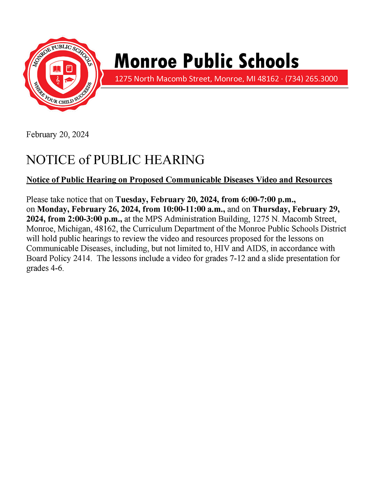 Public Hearing Notice - Communicable Diseases Video & Resources - Feb. 20 and 26, 2024