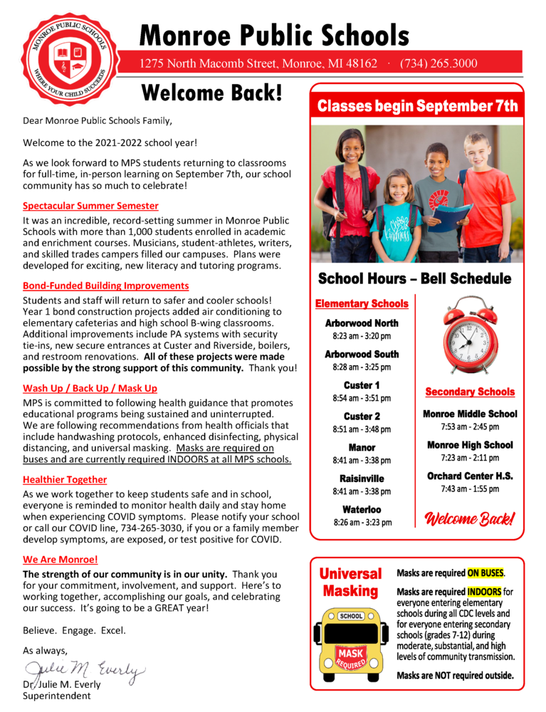 Welcome Back Letter - 2021-2022