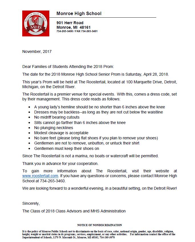 Prom 2018--Letter to Families