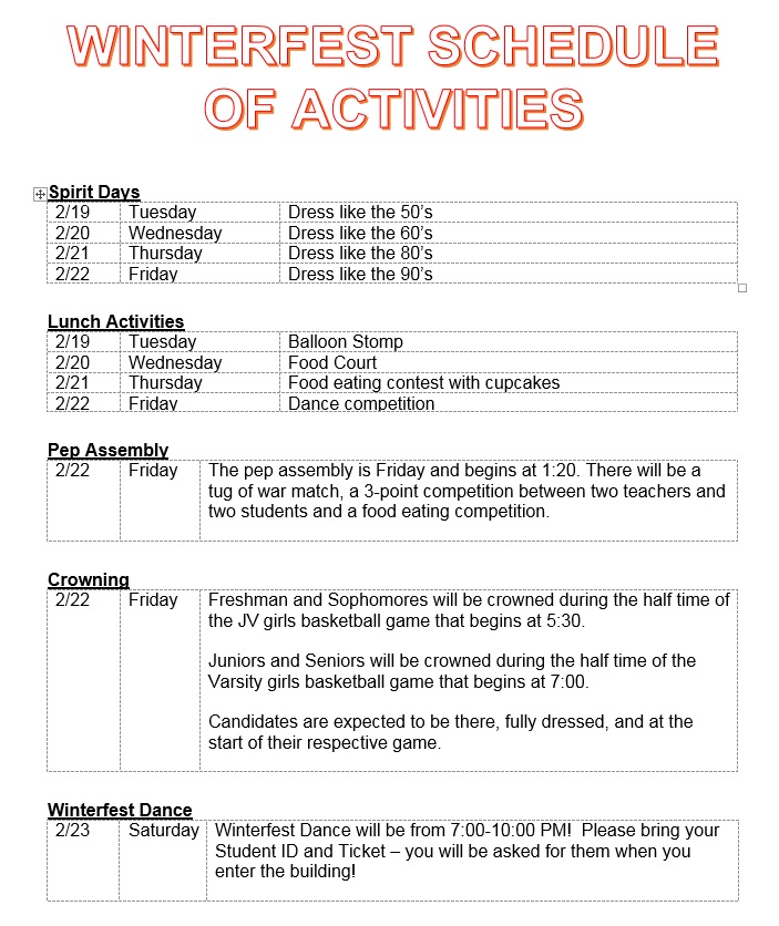 Winterfest Schedule of Activities